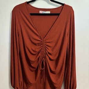Free People Terracotta Ruched V-Neck Blouse